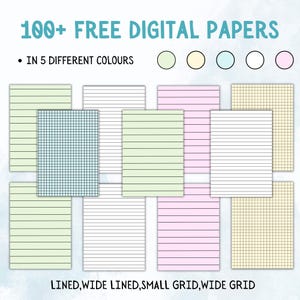 May include: A set of 100+ free digital papers in five different colors: green, yellow, blue, white, and pink. The papers feature four different styles: lined, wide lined, small grid, and wide grid.