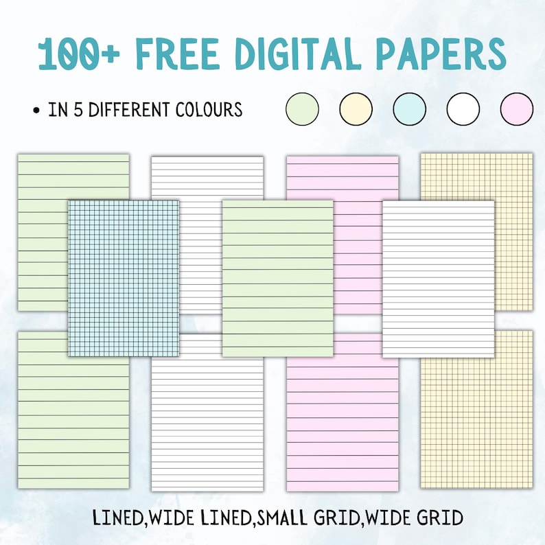 May include: A set of 100+ free digital papers in five different colors: green, yellow, blue, white, and pink. The papers feature four different styles: lined, wide lined, small grid, and wide grid.