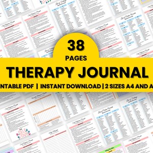 May include: A yellow and white printable therapy journal with the text "38 PAGES THERAPY JOURNAL PRINTABLE PDF | INSTANT DOWNLOAD | 2 SIZES A4 AND A5" and a pink and white floral design with the text "SELF LOVE".