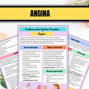 May include: A colorful infographic about angina, a type of chest pain caused by a temporary disruption in blood flow to the heart. The infographic includes information about the symptoms, causes, and types of angina, as well as advice on what to do if you experience angina.