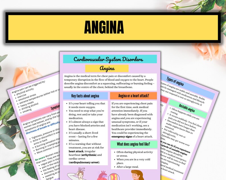 May include: A colorful infographic about angina, a type of chest pain caused by a temporary disruption in blood flow to the heart. The infographic includes information about the symptoms, causes, and types of angina, as well as advice on what to do if you experience angina.