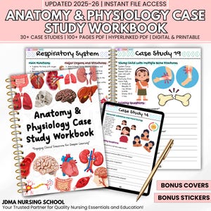 May include: A spiral-bound workbook titled "Anatomy & Physiology Case Study Workbook" with illustrations of human organs. The workbook includes case studies, diagrams, and the text "Engaging Clinical Scenarios for Deeper Learning." A tablet and pen are also visible.