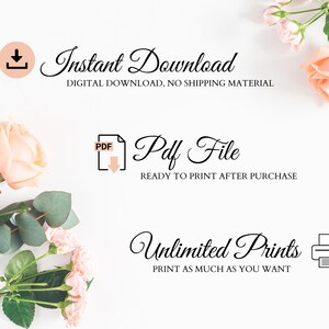 K&ouml;nnte beinhalten: Eine Grafik f&uuml;r digitalen Download mit einer rosa Rose und Gr&uuml;npflanzen. Der Text lautet "Sofort-Download", "Digitaler Download, kein Versandmaterial", "PDF-Datei", "Nach dem Kauf druckbereit", "Unbegrenzte Drucke" und "Drucken Sie so viel Sie m&ouml;chten".
