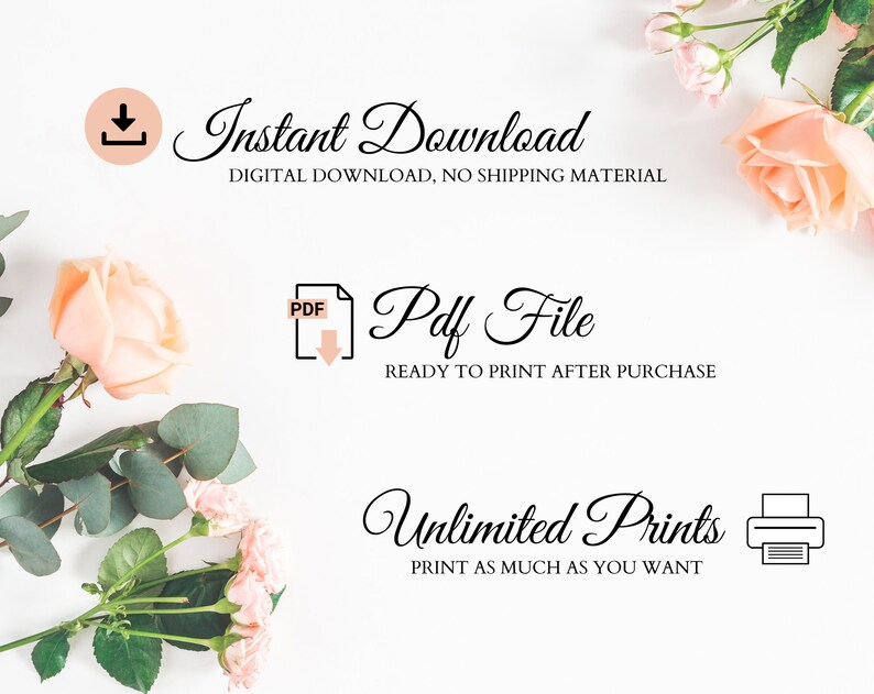 K&ouml;nnte beinhalten: Eine Grafik f&uuml;r digitalen Download mit einer rosa Rose und Gr&uuml;npflanzen. Der Text lautet "Sofort-Download", "Digitaler Download, kein Versandmaterial", "PDF-Datei", "Nach dem Kauf druckbereit", "Unbegrenzte Drucke" und "Drucken Sie so viel Sie m&ouml;chten".