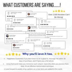 May include: Image featuring customer reviews with star ratings and text: "WHAT CUSTOMERS ARE SAYING...!" and "Over 2,500 Reviews Can't Be Wrong!" Additional text highlights a happiness guarantee and the benefits of using flashcards.