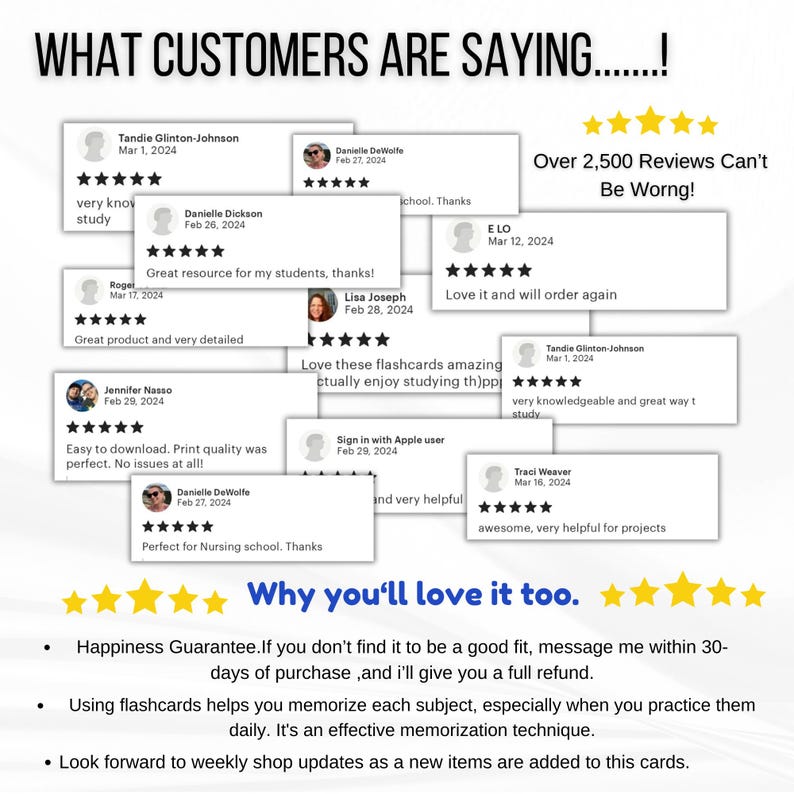 May include: Image featuring customer reviews with star ratings and text: "WHAT CUSTOMERS ARE SAYING...!" and "Over 2,500 Reviews Can't Be Wrong!" Additional text highlights a happiness guarantee and the benefits of using flashcards.