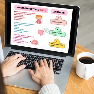 May include: A laptop computer screen displaying a multiple choice quiz about the gastrointestinal system. The quiz questions are about the symptoms of peptic ulcer disease, the structure that prevents the backward flow of stomach contents into the esophagus, and risk factors for developing colorectal cancer. The answers are displayed on the right side of the screen.