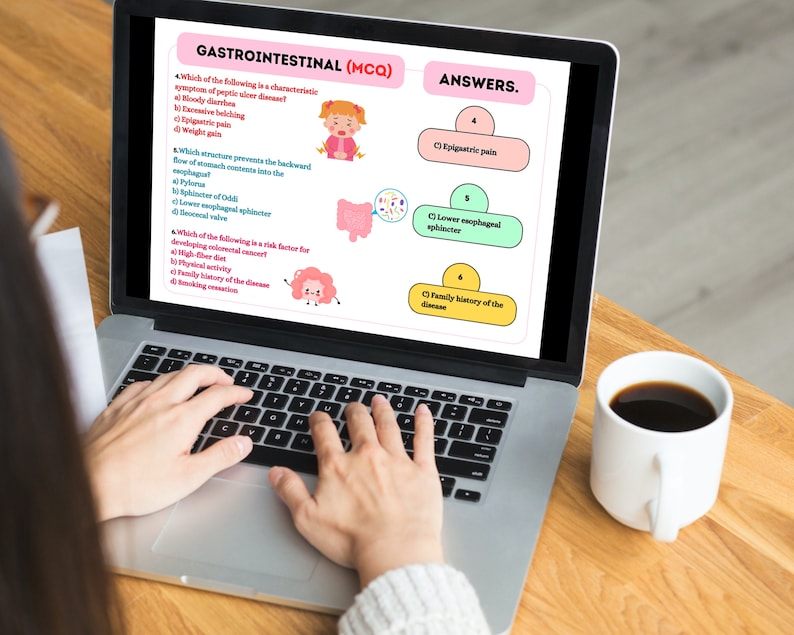 May include: A laptop computer screen displaying a multiple choice quiz about the gastrointestinal system. The quiz questions are about the symptoms of peptic ulcer disease, the structure that prevents the backward flow of stomach contents into the esophagus, and risk factors for developing colorectal cancer. The answers are displayed on the right side of the screen.