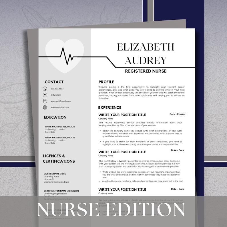 May include: A resume template for a registered nurse. The template includes sections for contact information, education, licenses and certifications, experience, and a profile section. The template is designed to help nurses create a professional and effective resume.