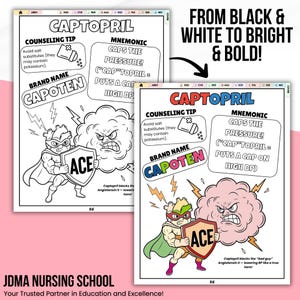 Pu&ograve; includere: Illustrazione di due pagine da un libro di testo per infermieri. Le pagine presentano un supereroe che tiene uno scudo con "ACE", che combatte una nuvola con una faccia arrabbiata. Il testo include "CAPTOPRIL" e "CAPOTEN".