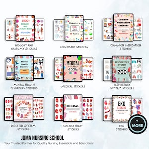 May include: A collection of digital sticker sets for nursing students. The stickers cover topics like biology, chemistry, mental health, medical, respiratory system, digestive system, biology heart, and EKG. The stickers are colorful and feature illustrations of various body systems and medical concepts.