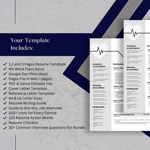 May include: A resume template for nurses with a heart beat graphic. The template includes 1, 2, and 3 page resume options, cover letter, reference letter, and a resume writing guide.  The template is available in MS Word, Google Docs, Pages, and PDF formats.
