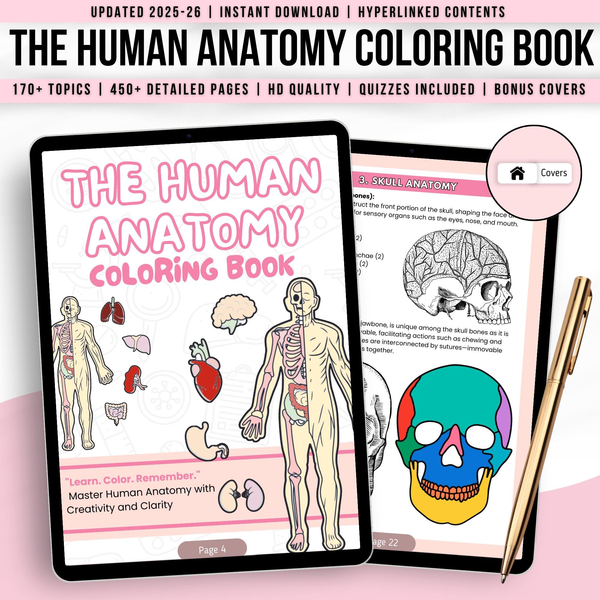 Libro para colorear de anatomía humana en PDF – Ayuda de estudio médica de sistemas, músculos, huesos y órganos | Descarga digital instantánea
