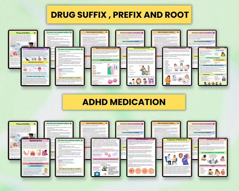 May include: A digital illustration of a series of colorful tablets with text about drug suffixes, prefixes, and roots. The text also includes information about ADHD medication.
