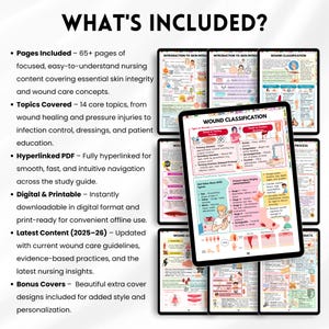 May include: A digital nursing study guide displayed on tablets. The guide covers wound care, skin integrity, and related topics. The text "WHAT'S INCLUDED?" is at the top, with bullet points detailing the guide's features and content.