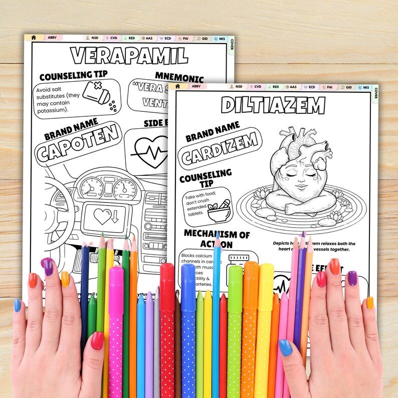 Pu&ograve; includere: Due pagine da colorare a tema medico, con i nomi "VERAPAMIL" e "DILTIAZEM". Le pagine includono illustrazioni di un cruscotto di un'auto e un cuore, insieme a testo correlato. Una collezione di pennarelli e matite colorate &egrave; in primo piano.