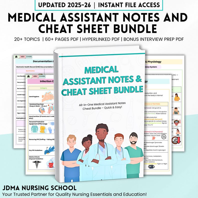 May include: A bundle of medical assistant notes and cheat sheets. The cover features the title "Medical Assistant Notes & Cheat Sheet Bundle" with the text "All-in-One Medical Assistant Notes Cheat Bundle - Quick & Easy!" and images of medical professionals.