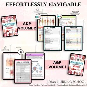 May include: Digital anatomy and physiology study guides, volumes 1 and 2, displayed on tablets. The covers feature anatomical illustrations. The guides include indexes, abbreviations, and tables of contents. The text reads "EFFORTLESSLY NAVIGABLE" and "JDMA NURSING SCHOOL".