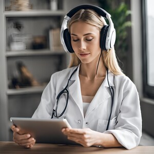 May include: A woman wearing a white lab coat and stethoscope is listening to music with headphones while looking at a tablet.