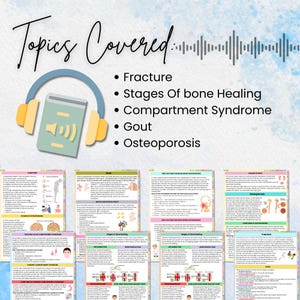 Puede incluir: Una infograf&iacute;a colorida con el t&iacute;tulo "Temas tratados" y una lista de temas relacionados con la salud &oacute;sea, que incluyen fractura, etapas de la curaci&oacute;n &oacute;sea, s&iacute;ndrome compartimental, gota y osteoporosis.