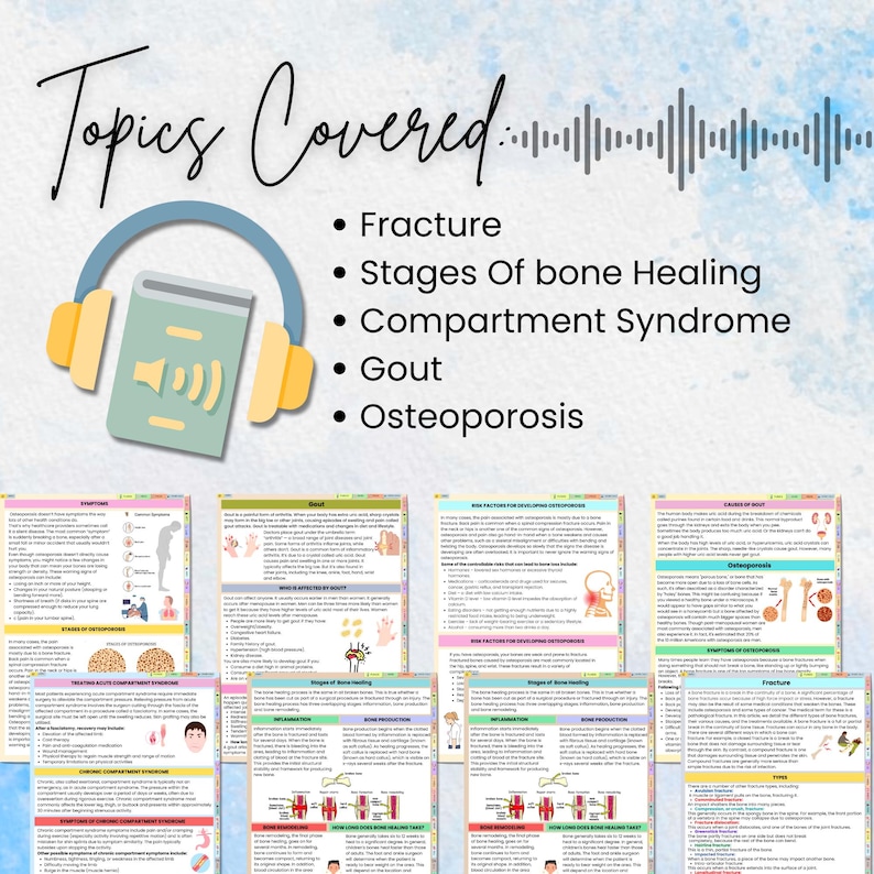 Puede incluir: Una infograf&iacute;a colorida con el t&iacute;tulo "Temas tratados" y una lista de temas relacionados con la salud &oacute;sea, que incluyen fractura, etapas de la curaci&oacute;n &oacute;sea, s&iacute;ndrome compartimental, gota y osteoporosis.