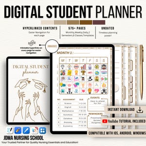Puede incluir: Planificador digital para estudiantes con un diseño minimalista. La imagen muestra una tableta que muestra un diseño de calendario mensual con iconos coloridos y una lista de tareas. El planificador incluye hipervínculos, 575+ páginas y no tiene fecha.