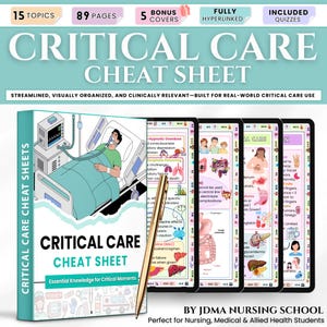 Może przedstawiać: Turkusowa książka zatytułowana "Critical Care Cheat Sheet" z tekstem "15 tematów, 89 stron, 5 okładek, w pełni hiperłącza, w tym quizy". Okładka książki zawiera ilustrację pacjenta w łóżku szpitalnym. Książce towarzyszy kilka stron cyfrowych.
