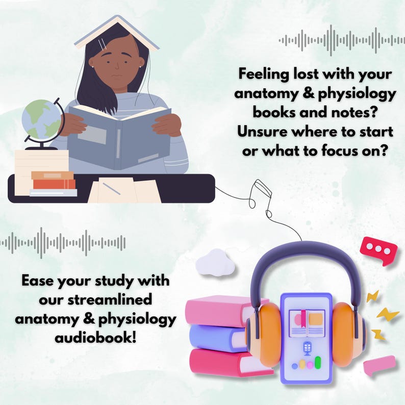May include: Illustration of a person overwhelmed by anatomy and physiology books. Text reads "Feeling lost with your anatomy & physiology books and notes? Unsure where to start or what to focus on?"  Ease your study with our streamlined anatomy & physiology audiobook!"