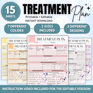 May include: A set of 15 printable and editable treatment plan templates. The templates are available in 7 different colours, 2 sizes, and 3 different designs. The templates include sections for patient background, long-term goals, short-term goals, strengths and resources, interventions and actions, and client signature. An instruction video is included for the editable version.