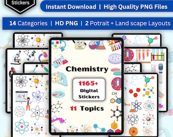 May include: A digital clipart set of 1165+ chemistry stickers in 14 categories. The stickers are colourful and feature various chemistry-related illustrations, including atoms, molecules, beakers, and test tubes. The stickers have transparent backgrounds and are perfect for use in digital planners, presentations, and other projects.