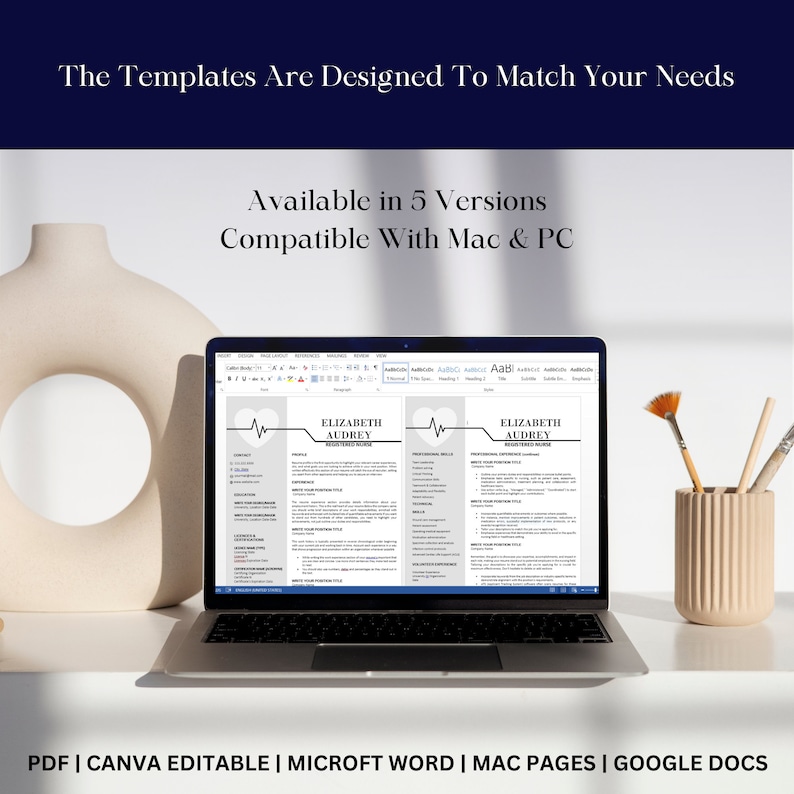 May include: A laptop computer displaying a resume template with a heart beat graphic. The resume template is available in five versions and is compatible with Mac and PC. The text "PDF | CANVA EDITABLE | MICROFT WORD | MAC PAGES | GOOGLE DOCS" is displayed at the bottom of the image.