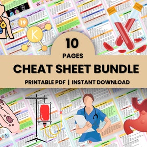 Cheatsheetbundel 10 pagina's | Verpleegkundige opmerking | Cheatsheet voor verpleegster | Direct downloaden | Afdrukbare pdf | Studiegids