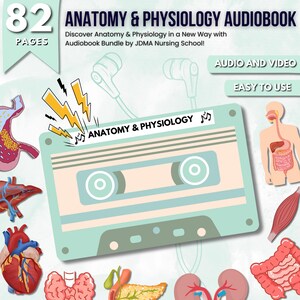 May include: A blue and green cassette tape with the text "Anatomy & Physiology" on it. The image also includes illustrations of human organs, such as the heart, lungs, and intestines. The text "82 Pages" is in the top left corner of the image. The text "Audio and Video" and "Easy to Use" are in the top right corner of the image.