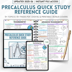 Precalculus Study Quick Guide, Trigonometry Cheat Sheet, 15+ Pdf Pages, Precalculus Formulas, Math Exam Prep, Instant PDF