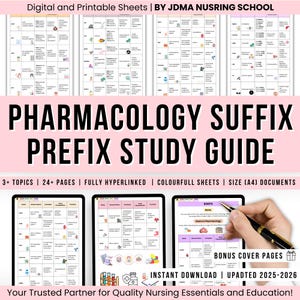 May include: A digital study guide titled "Pharmacology Suffix Prefix Study Guide" with colourful sheets and hyperlinks. The guide is for nursing students and includes topics, pages, and A4 size documents. The image also includes the text "Instant Download | Updated 2025-2026".