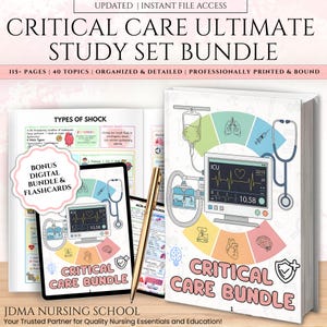 May include: A study set bundle for critical care, featuring a book and digital flashcards. The cover displays medical illustrations, including an ICU monitor, a stethoscope, and a heart. The text reads "CRITICAL CARE ULTIMATE STUDY SET BUNDLE".