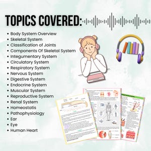 May include: A colorful illustration of a girl wearing headphones and studying human anatomy. The image includes text listing topics covered, such as the skeletal system, circulatory system, and digestive system.
