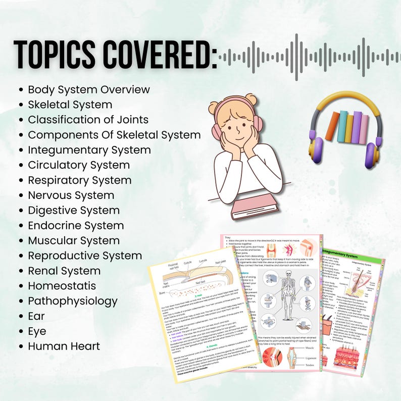 May include: A colorful illustration of a girl wearing headphones and studying human anatomy. The image includes text listing topics covered, such as the skeletal system, circulatory system, and digestive system.
