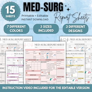 Nursing Report Sheet Med Surg 15 Sheets | Editable & Printable Version | RN Report Sheet | Digital Download | Nursing Brain Sheet | 2 Sizes