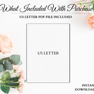 K&ouml;nnte beinhalten: Ein wei&szlig;er Hintergrund mit einer wei&szlig;en Karte, auf der "US LETTER" in schwarzer Schrift steht. Die Karte ist von rosa Rosen und gr&uuml;nen Eukalyptusbl&auml;ttern umgeben. Der Text "US LETTER PDF FILE INCLUDED" befindet sich oben im Bild. Der Text "INSTANT DOWNLOADABLE" befindet sich unten im Bild.
