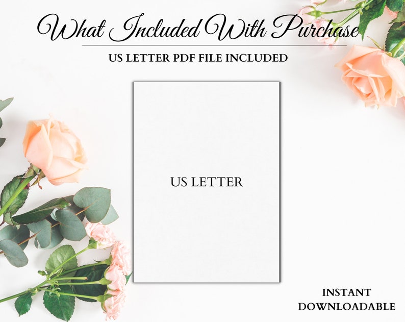 K&ouml;nnte beinhalten: Ein wei&szlig;er Hintergrund mit einer wei&szlig;en Karte, auf der "US LETTER" in schwarzer Schrift steht. Die Karte ist von rosa Rosen und gr&uuml;nen Eukalyptusbl&auml;ttern umgeben. Der Text "US LETTER PDF FILE INCLUDED" befindet sich oben im Bild. Der Text "INSTANT DOWNLOADABLE" befindet sich unten im Bild.