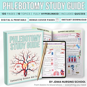 Op de afbeelding: Een phlebotomie-studiegids met de titel op de omslag. De omslag heeft een boomontwerp met illustraties van bloeddruppels. De gids bevat 100 pagina's, 10 onderwerpen en quizzen. De gids is digitaal en printbaar.