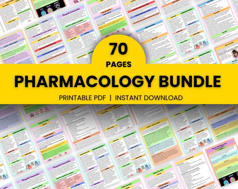 K&ouml;nnte beinhalten: Ein gelbes Banner mit dem Text "70 Seiten Pharmakologie-Paket Druckbarer PDF | Sofortiger Download" &uuml;ber einer Collage von 70 Seiten bunter druckbarer PDF-Dokumente. Die Seiten enthalten Text und Illustrationen zum Thema Pharmakologie.