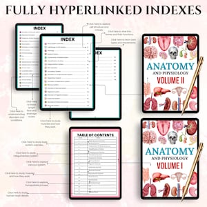 May include: Anatomy and Physiology textbooks, Volume I and II, with a gold pen and digital tablets displaying indexes and tables of contents. The image includes the text "FULLY HYPERLINKED INDEXES".