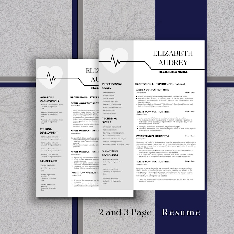 May include: A two-page resume template for a registered nurse. The template features a heart rate graphic, a professional skills section, and a professional experience section. The template is designed to help nurses create a professional and effective resume.
