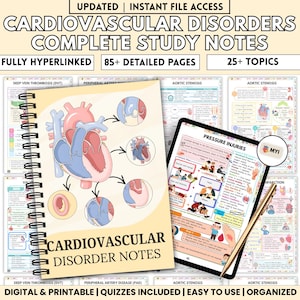 May include: A notebook and a tablet displaying study notes on cardiovascular disorders. The notebook cover features a heart diagram. The tablet shows notes on pressure injuries. The image includes text: "Cardiovascular Disorders Complete Study Notes."