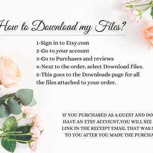 K&ouml;nnte beinhalten: Ein wei&szlig;er Hintergrund mit rosa Rosen und gr&uuml;nen Bl&auml;ttern. Der Text auf der Seite erkl&auml;rt, wie man Dateien von Etsy.com herunterl&auml;dt. Der Text lautet: "Wie lade ich meine Dateien herunter? 1-Melden Sie sich bei Etsy.com an 2-Gehen Sie zu Ihrem Konto 3-Gehen Sie zu K&auml;ufe und Bewertungen 4-W&auml;hlen Sie neben der Bestellung &bdquo;Dateien herunterladen&ldquo;. 5-Dadurch gelangen Sie zur Download-Seite f&uuml;r alle Dateien, die an Ihre Bestellung angeh&auml;ngt sind. WENN SIE ALS GAST GEKAUFT HABEN UND KEIN ETSY-KONTO HABEN, SEHEN SIE DEN LINK IN DER BEST&Auml;TIGUNGS-E-MAIL, DIE IHNEN NACH DEM KAUF GESENDET WURDE."