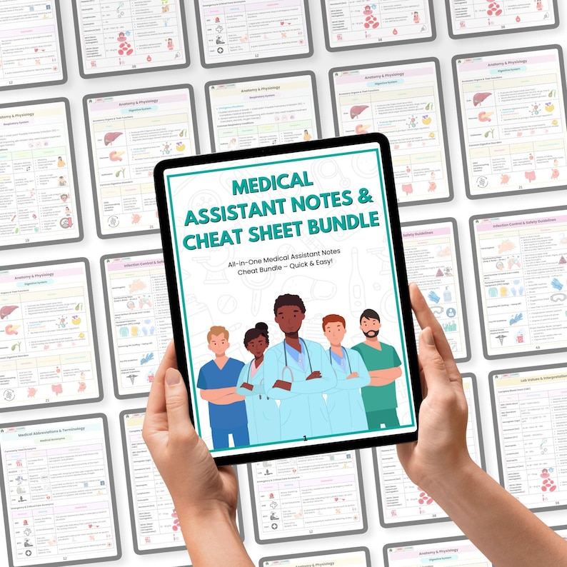 May include: A tablet displaying "MEDICAL ASSISTANT NOTES & CHEAT SHEET BUNDLE" with an illustration of medical professionals. Surrounding the tablet are other tablets with anatomy and physiology notes. The bundle is for medical assistants.