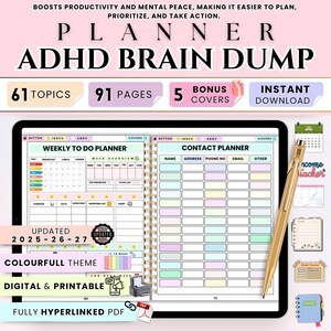 Puede incluir: Planificador digital con un tema colorido, diseñado para el « brain dump » de TDAH. Cuenta con 61 temas, 91 páginas y 5 cubiertas de bonificación. Incluye secciones de planificación semanal y de contactos. Descarga instantánea.