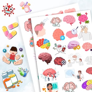 May include: A set of colorful stickers featuring various illustrations of the human brain, including a brain with a plus sign, a brain with gears, and a brain with a bandage. The stickers also feature illustrations of people, pills, and other medical symbols.